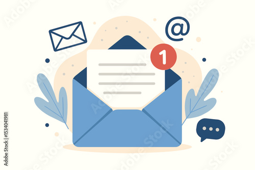 Email inbox notification with one new unread message. Vector icon of open envelope for digital communication. Concept for mail, marketing, newsletter, alert, and business contact.