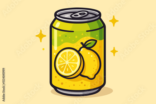 Lemon soda can cartoon vector illustration. Refreshing citrus fruit drink in an aluminum tin. Fizzy pop beverage icon for menu or packaging design. Flat graphic with sparkles.