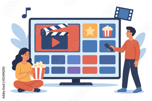 Couple watching movie on smart TV. Man with remote choosing film on streaming service. Woman with popcorn. Home entertainment, online cinema, video on demand concept. Vector.