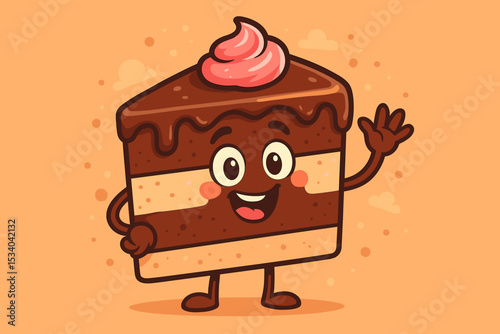 Cute chocolate cake slice character waving. Happy cartoon mascot for bakery or pastry shop. Sweet dessert illustration with a friendly smile. Retro vintage style food vector design.