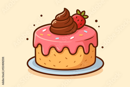 Cute cartoon cake illustration with pink frosting, chocolate swirl, and strawberry. Sweet dessert vector icon for bakery or pastry shop. Delicious confection for birthday celebration.