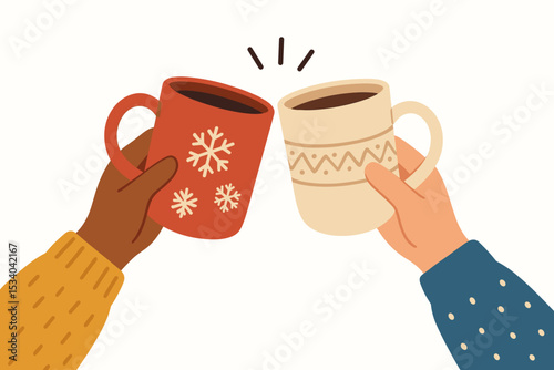 Two diverse friends toasting with warm mugs. Christmas holiday celebration concept. People hands holding cups with hot drinks in cozy winter sweaters. Festive vector illustration.