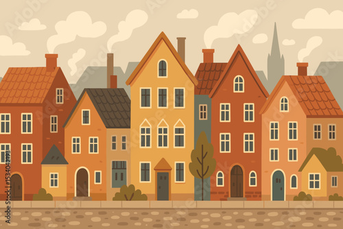 Scandinavian cityscape with cute colorful houses. Old European town street with vintage architecture facade. Nordic village background. Cozy neighborhood, urban landscape vector.