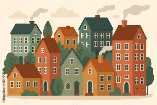 Scandinavian cityscape illustration with colorful houses and charming architecture. Cozy Nordic town street view with buildings. Quaint village for real estate or community concept.