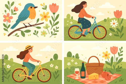 Spring outdoor activity illustration set. Women riding bicycles in a park. Romantic picnic with wine, cheese, and fruit. Cute bird on a floral branch. Vector nature concept.