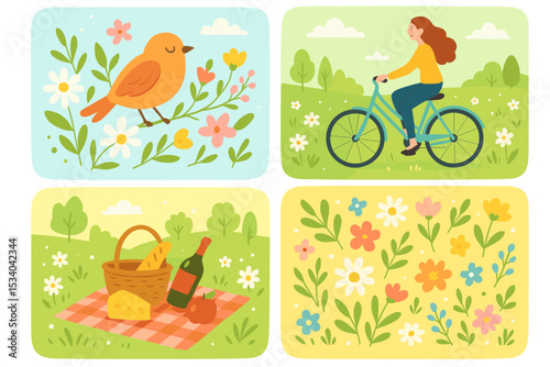 Set of cute spring illustrations. Woman riding bicycle, park picnic with wine and cheese, bird on a flower branch, and a floral pattern. Flat vector graphic for outdoor leisure.