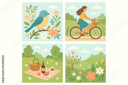 Spring scenes vector set. Woman on bicycle, picnic in park with food and wine, cute bird on flower branch. Summer outdoor leisure lifestyle activities. Flat cartoon illustration.