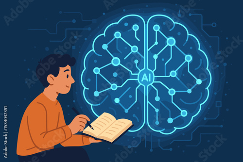 Man studying artificial intelligence, learning about machine learning. Digital brain icon representing neural networks. Concept of technological education, innovation and research.