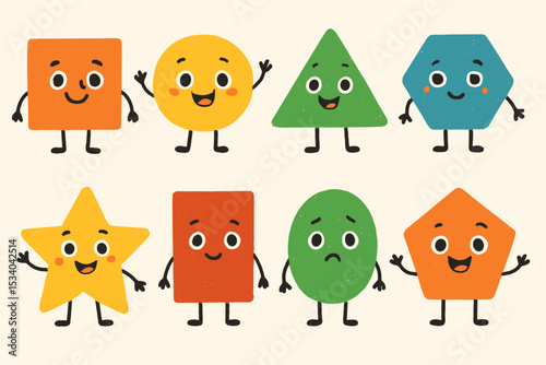 Cute geometric shapes characters with different emotions. Set of funny cartoon figures for kids education. Happy, smiling, and sad mascots. Basic shapes like square, circle, star.