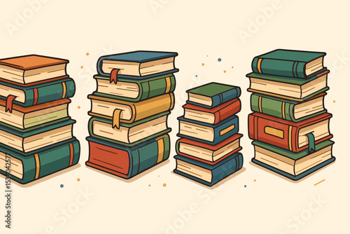 Stacks of colorful books vector illustration. Row of book piles for education, learning, and knowledge concept. Library, school, or university theme. Literature and reading background.