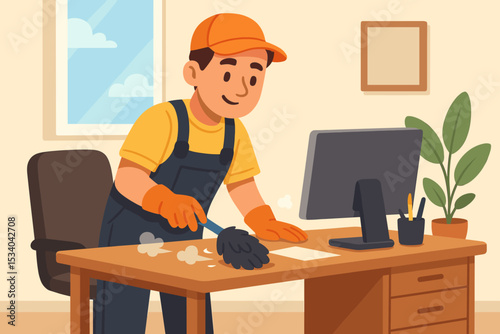 Professional cleaner from a cleaning service tidying up an office workspace. Male janitor character in uniform dusting a desk with a feather duster. Janitorial maintenance concept.