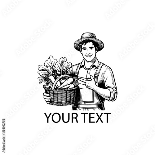 Happy male farmer presenting a basket of fresh vegetables, black and white outline vector, isolated on white background