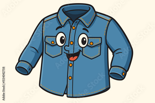 Funny cartoon denim shirt character with a happy face. Cute blue jean jacket mascot. Cheerful apparel illustration with big eyes. Friendly clothing concept for kids fashion or laundry.
