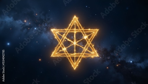 Illuminated geometric star symbol against a dark cosmic background  
