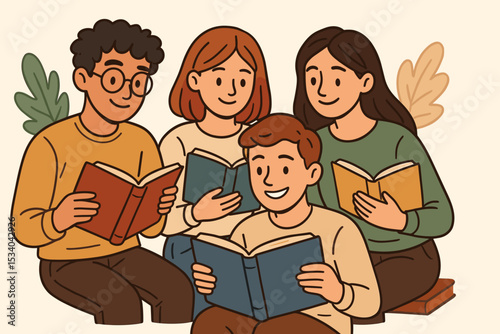 Book lovers club vector illustration. Group of happy diverse friends reading books. Students studying. Education, literature, and community concept for a library or school project.