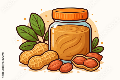 Peanut butter jar vector illustration with whole peanuts and green leaves. Creamy, natural nut spread for a healthy breakfast or snack. Cartoon food icon for packaging design.