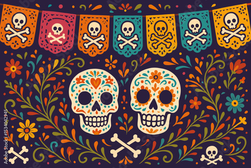 Dia de los Muertos vector illustration with colorful sugar skulls and papel picado banners. Festive Mexican Day of the Dead holiday background. Folk art calaveras and floral decoration.
