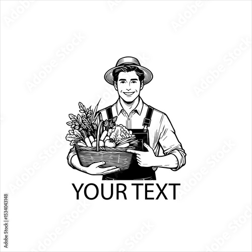 Happy male farmer presenting a basket of fresh vegetables, black and white outline vector, isolated on white background