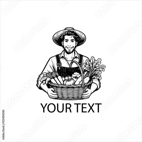 Happy male farmer presenting a basket of fresh vegetables, black and white outline vector, isolated on white background