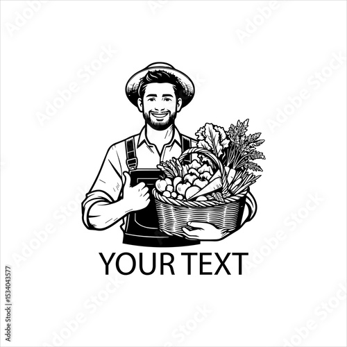 Happy male farmer presenting a basket of fresh vegetables, black and white outline vector, isolated on white background