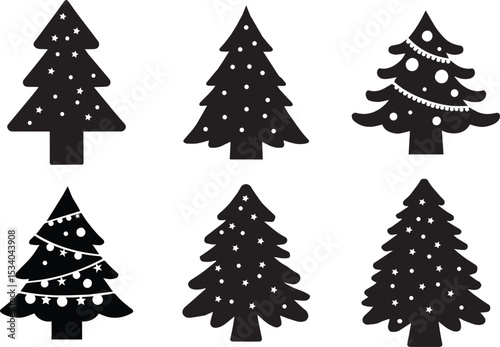 Christmas or Pine tree silhouette set vector illustration.