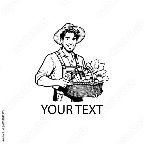 Happy male farmer presenting a basket of fresh vegetables, black and white outline vector, isolated on white background