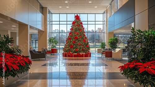 Festive Office Lobby Decorated with a Christmas Tree and Holiday Decorations 