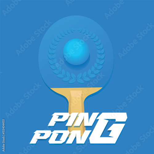 Ping pong poster, blue background, tennis racket, ball, laurel wreath. Table tennis banner, sports school, tennis club, professional competitions