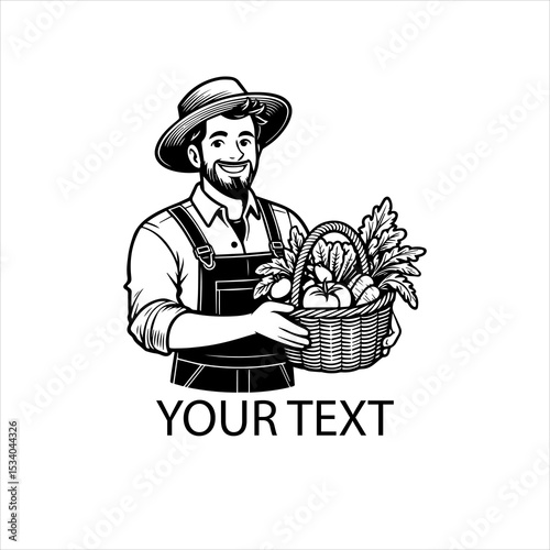 Happy male farmer presenting a basket of fresh vegetables, black and white outline vector, isolated on white background