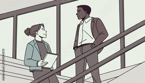 Low angle view of multiracial colleagues talking while moving down on steps in office,