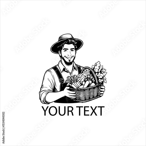 Happy male farmer presenting a basket of fresh vegetables, black and white outline vector, isolated on white background
