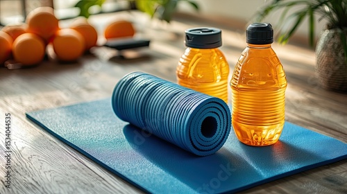 Fitness Accessories for Home Workout, Featuring Exercise Mats, Weights, and Water Bottles 