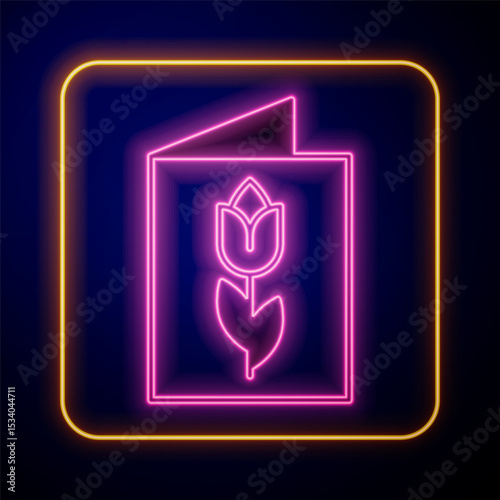 Glowing neon Greeting card with 8 March icon isolated on black background. International Happy Women Day. Vector