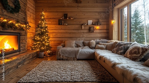 Farmhouse-style living room interior with a cozy sofa, fireplace, rustic wooden decor, and warm lighting 
