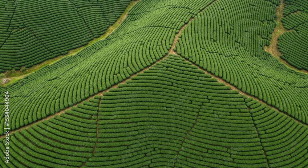 Panoramic aerial view of lush green tea plantation fields on rolling hills Panoramic aerial view of lush green tea plantation fields on rolling hills
