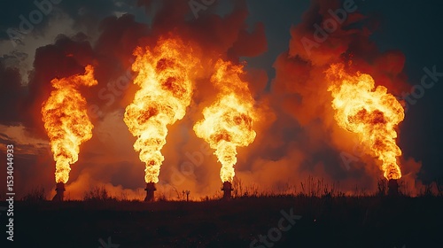 Flames rising from industrial pipes, emitting thick smoke into the sky, symbolizing environmental impact. 