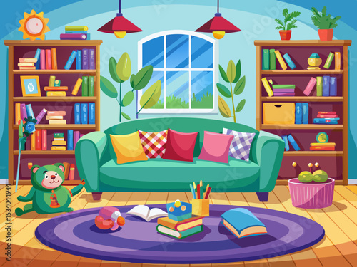 A lively and inviting playroom with a comfortable vector of sofa, colorful cushions, and bookshelves filled with children's books creates a fun and educational environment.