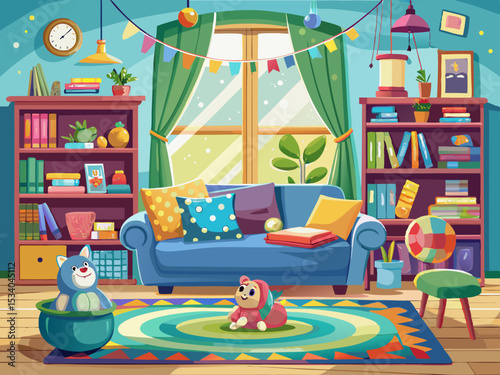 A lively and inviting playroom with a comfortable vector of sofa, colorful cushions, and bookshelves filled with children's books creates a fun and educational environment.