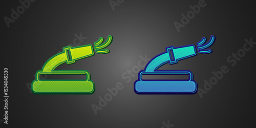 Green and blue Garden hose icon isolated on black background. Spray gun icon. Watering equipment. Vector