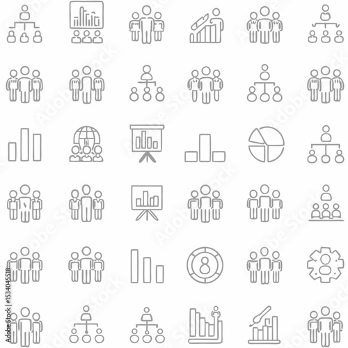 Illustration showing a collection of organization charts, team structures, and business graphs in grey lines