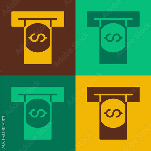 Pop art ATM - Automated teller machine and money icon isolated on color background. Vector