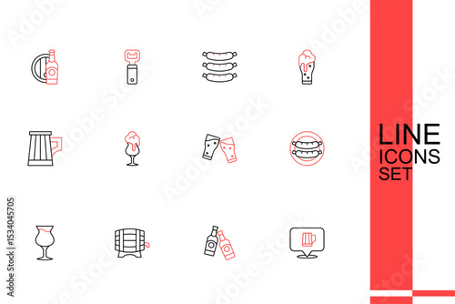 Set line Wooden beer mug, Beer bottle, barrel on rack, Glass of, Sausage, and icon. Vector