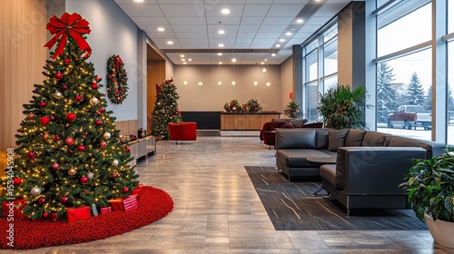 Festive Office Lobby Decorated with a Christmas Tree and Holiday Decorations 