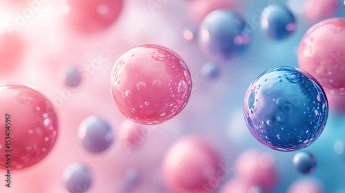 Floating pink and blue spheres of different sizes, creating a dreamy and whimsical abstract composition. 
