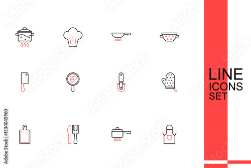 Set line Kitchen apron, Cooking pot fire, Crossed knife and fork, Cutting board, Oven glove, Pizza, Fried eggs frying pan and Meat chopper icon. Vector