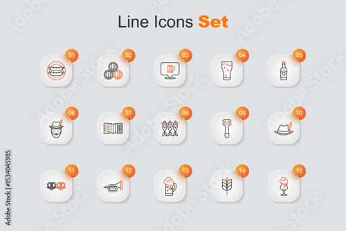 Set line Glass of beer, Wheat, Trumpet, Pretzel, Oktoberfest hat, Bottle opener and Dried fish icon. Vector