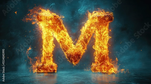 Fiery Letter M Blazing with Intense Flames in a Dramatic Typography Design Concept 