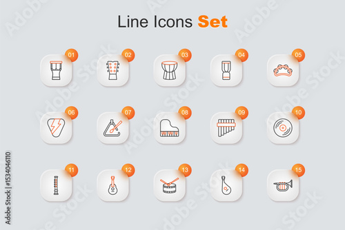 Set line Trumpet, Bandura, Drum with drum sticks, Guitar, Flute, Vinyl disk, Pan flute and Grand piano icon. Vector