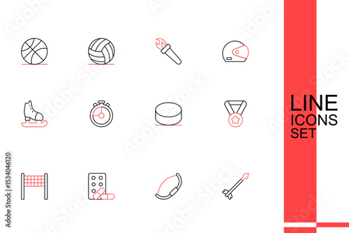 Set line Medieval arrows, bow, Sports doping with dumbbell, Volleyball net, Medal, Hockey puck, Stopwatch and Skates icon. Vector
