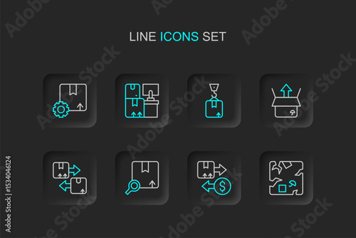 Set line Broken cardboard box, Tax, Search package, Cardboard with traffic symbol, Unboxing, Crane, Warehouse boxes and Gear icon. Vector
